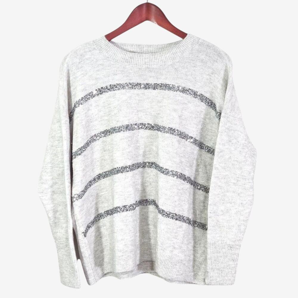 CeCe Gray Shimmer Stripe Sweater Size S Soft Glam Cozy Chic Feminine